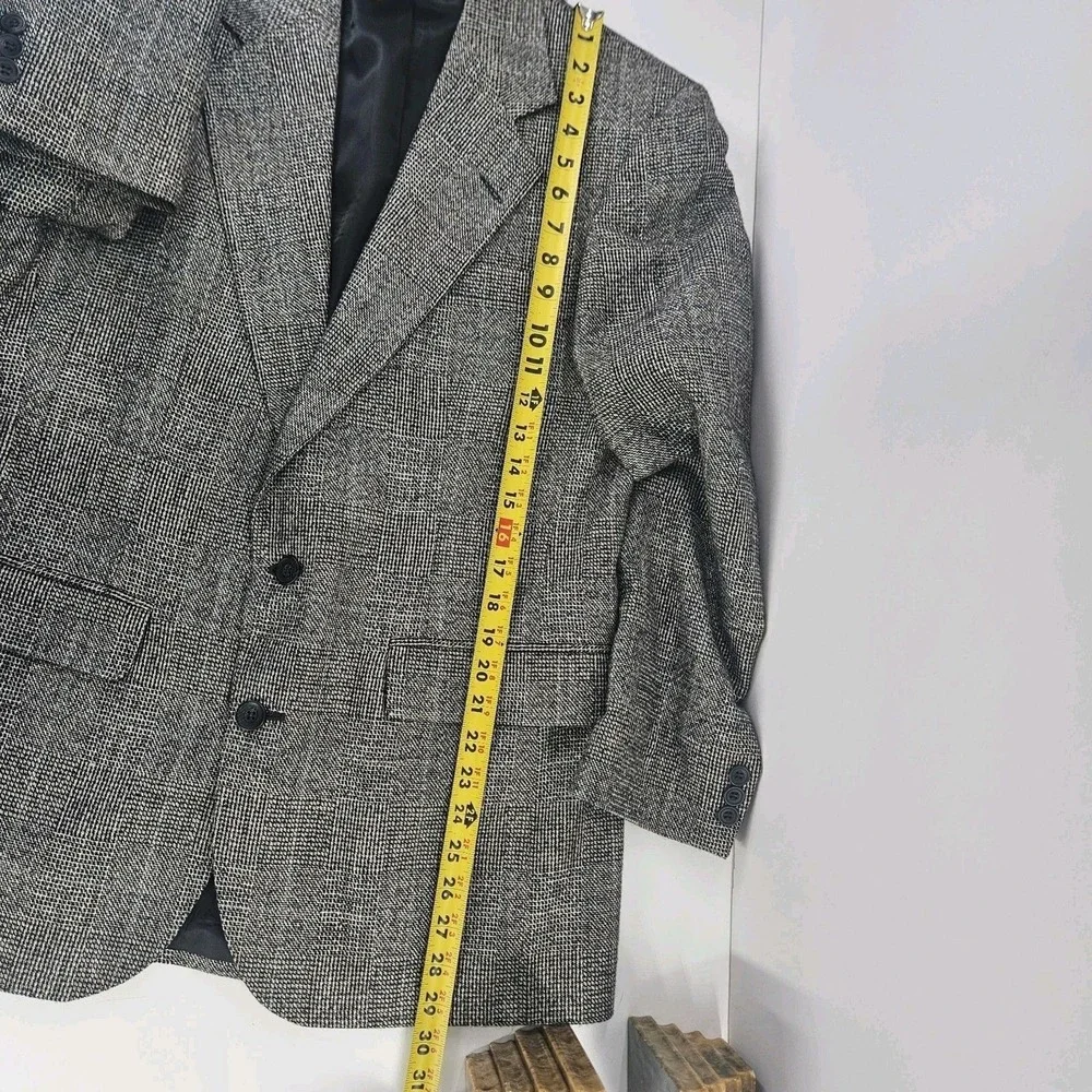 Vtg 90s Haggar Black White Blue Plaid Wool Tweed Sports Coat Blazer Med ~40R USA